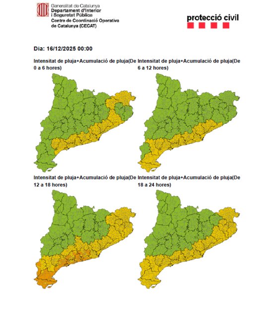 Mapa de l'avís de la situació meteorològica de perill de pluges avui dimarts, 16 de desembre.
