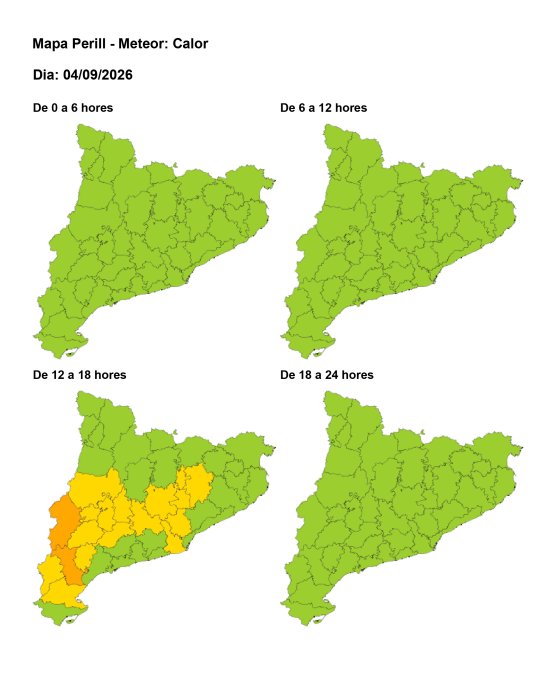 Avís per calor intensa diürna: risc moderat (groc) al Vallès Occidental entre les 12 i les 18 h de dijous 4 de setembre.