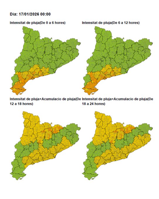 Mapa de l'avís de la situació meteorològica de perill de pluja dissabte, 17 de gener.
