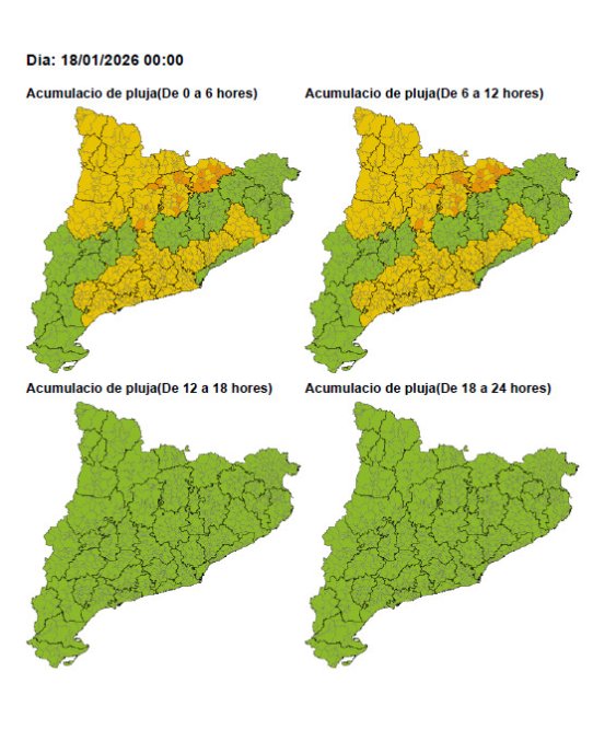 Mapa de l'avís de la situació meteorològica de perill de pluja diumenge, 18 de gener.