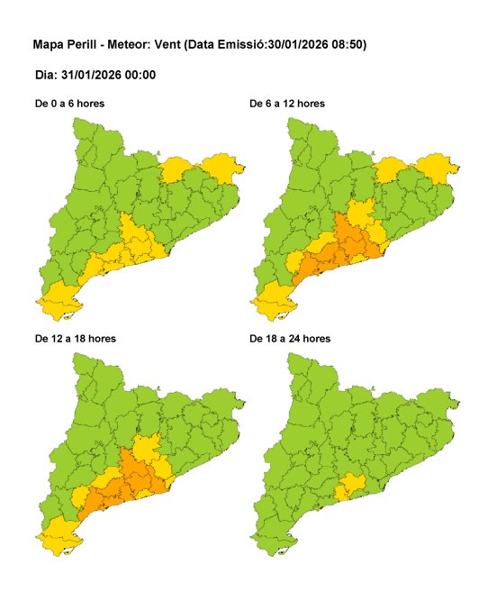 Mapa de l'avís de la situació meteorològica de perill de vent dissabte, 31 de gener.