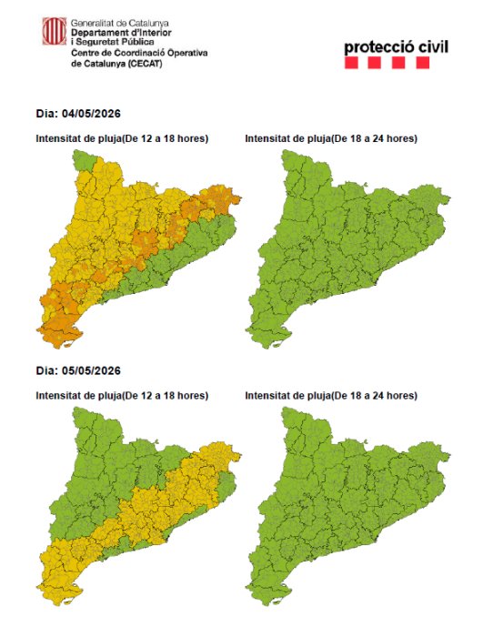 Mapa de l'avís de la situació meteorològica de perill de pluja dilluns i dimarts, 4 i 5 de maig.