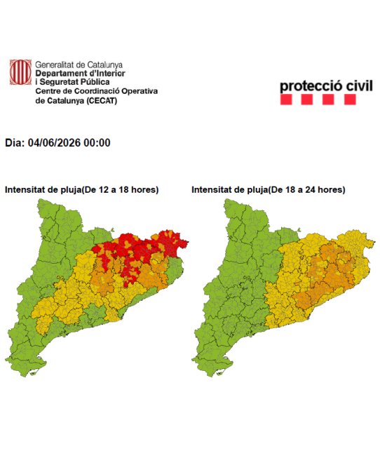 Mapa de l'avís de la situació meteorològica de perill de pluja dijous, 4 de juny.