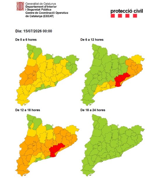 Mapa de l'avís de la situació meteorològica de perill de calor dimecres, 15 de juliol.
