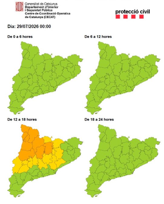 Mapa de l'avís de la situació meteorològica de perill de calor dimecres, 29 de juliol.