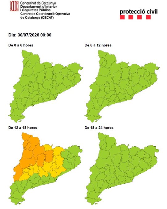 Mapa de l'avís de la situació meteorològica de perill de calor dijous, 30 de juliol.