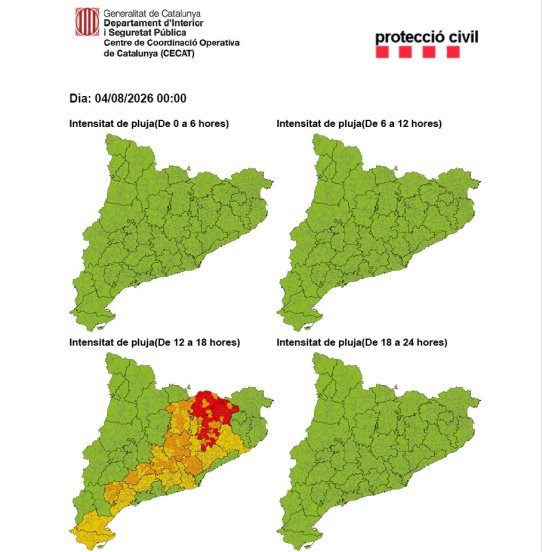 Mapa de l'avís de la situació meteorològica de perill de pluja dimarts, 4 d'agost.