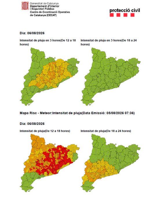 Mapa de l'avís de la situació meteorològica de perill de pluja dijous, 6 d'agost.