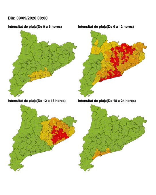 Mapa d’intensitat de pluja: risc alt (taronja) a Castellar del Vallès entre les 6 i les 12 h de dimecres 9 de setembre i moderat (groc) entre les 12 i les 18 h.