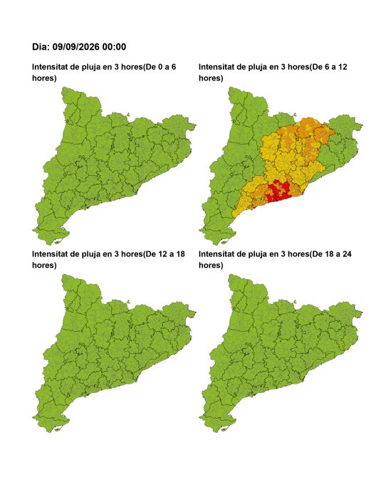 Mapa d’intensitat de pluja acumulada en 3 hores: risc moderat (groc) a Castellar del Vallès entre les 6 i les 12 h de dimecres 9 de setembre.