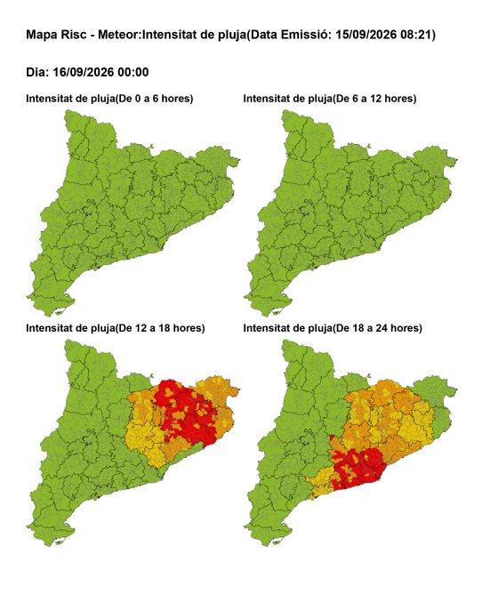 Avís per intensitat de pluja: risc moderat (groc) a Castellar del Vallès de 12 a 18 h i molt alt (vermell) de 18 a 24 h de dimecres 16 de setembre.