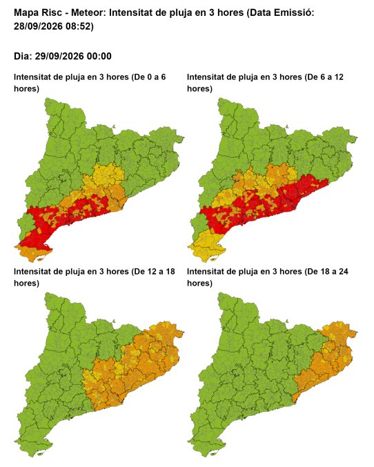 Mapa d’intensitat de pluja acumulada en 3 hores de demà, dimarts 29/09/26