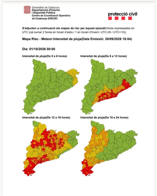 Avís per intensitat de pluja: risc moderat (groc) a Castellar del Vallès entre les 6 i les 18 h de dijous 1 d’octubre.