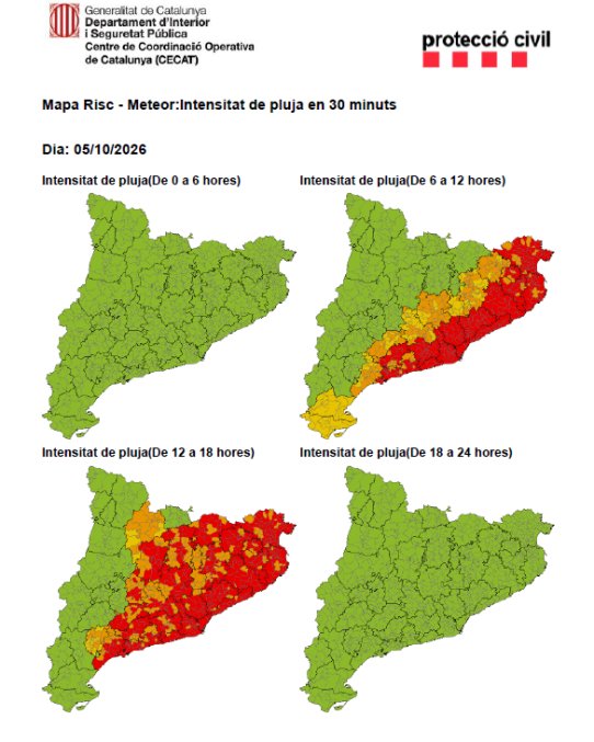 Mapa de l'avís de la situació meteorològica de perill per intensitat de pluja en 30 minuts dilluns 5 d'octubre.