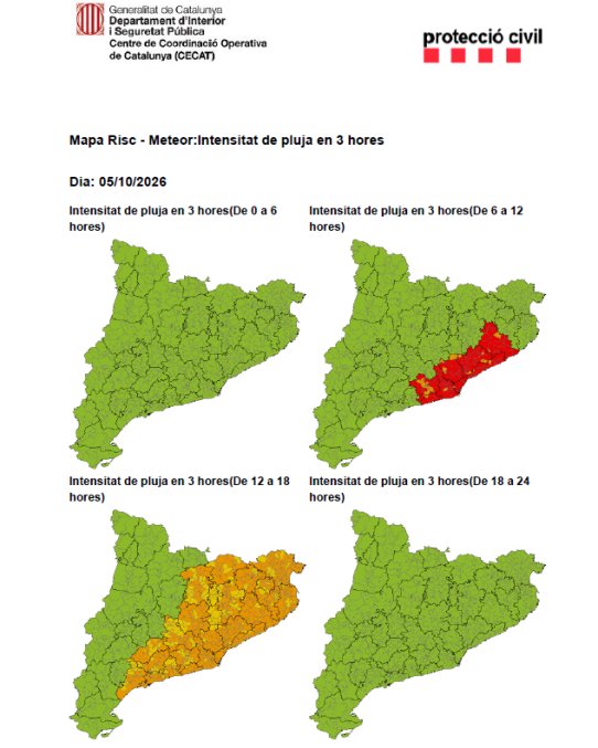 Mapa de l'avís de la situació meteorològica de perill per intensitat de pluja en 3 hores dilluns 5 d'octubre.