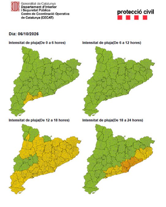 Mapa de l'avís de la situació meteorològica de perill per intensitat de pluja dimarts 6 d'octubre.