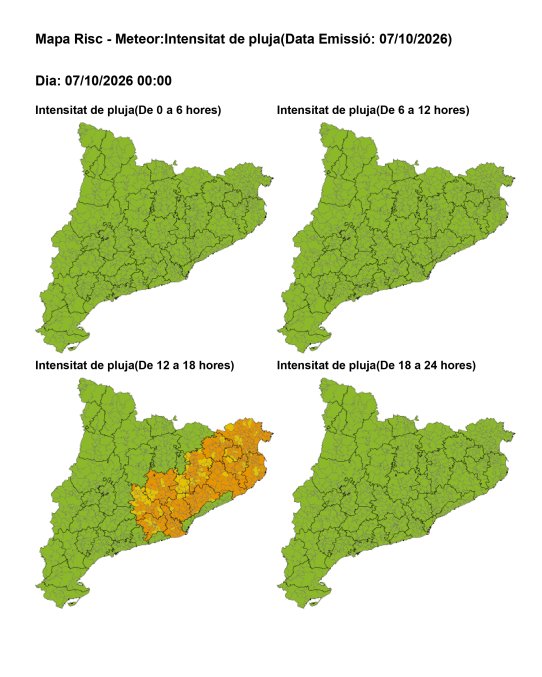 Avís per intensitat de pluja: risc alt (taronja) a Castellar del Vallès entre les 12 i les 18 h de dimecres 7 d’octubre.