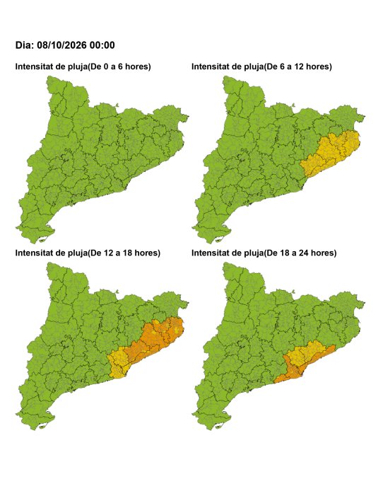 Avís per intensitat de pluja: risc moderat (groc) a Castellar del Vallès entre les 12 i les 24 h de dijous 8 d’octubre.