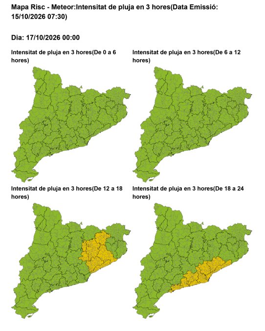 Avís per intensitat de pluja en 3 hores: risc moderat (groc) a Castellar del Vallès entre les 18 i les 24 h de dissabte 17 d’octubre.